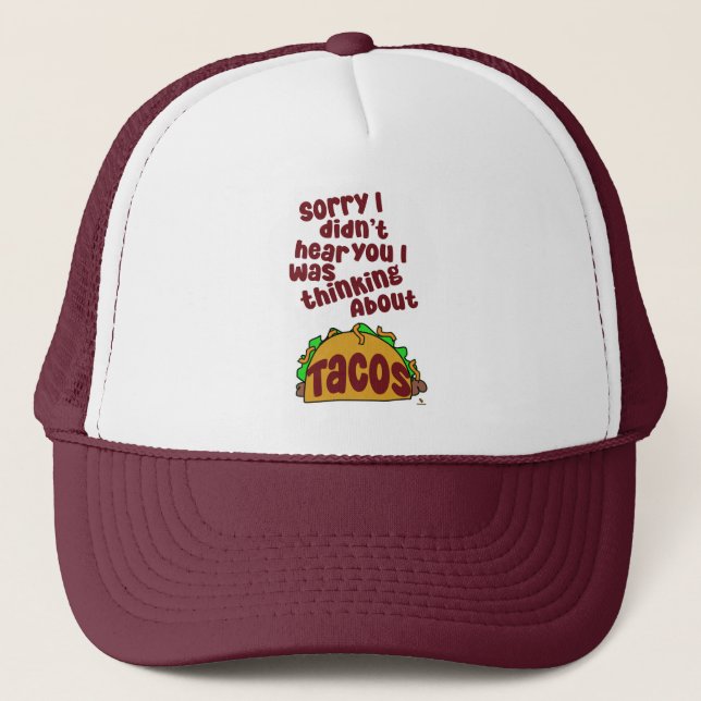 Denken Sie an Tacos Funny Food Slogan Cartoon Truckerkappe (Vorderseite)