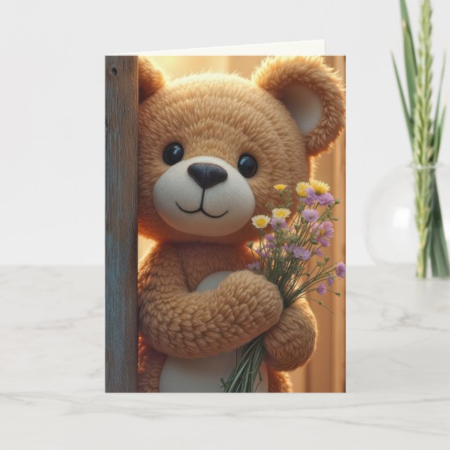 Denken Sie an Teddy Bären mit Wildblume Bouquet Karte (Vorderseite)