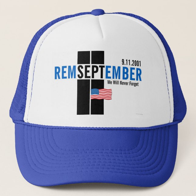 Denken Sie daran, 11. September Flag Hat Blue Truckerkappe (Vorderseite)
