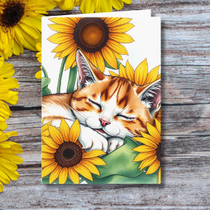 Denken Sie   Katzenkatze und Sonnenblumen Karte