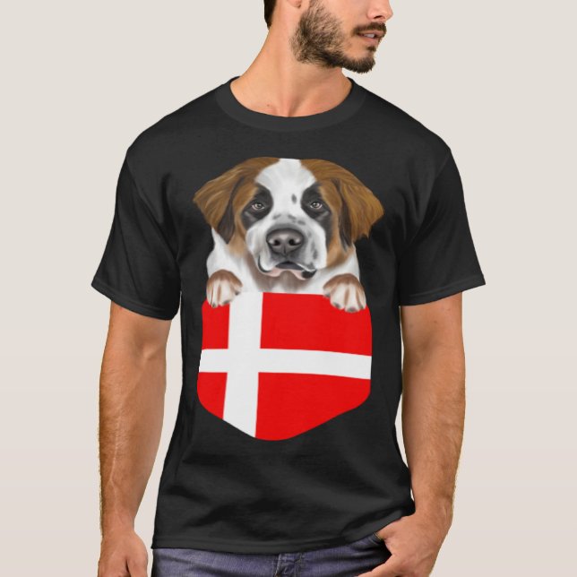 Denmark Flag St Bernard Dog In Pocket T-Shirt (Vorderseite)