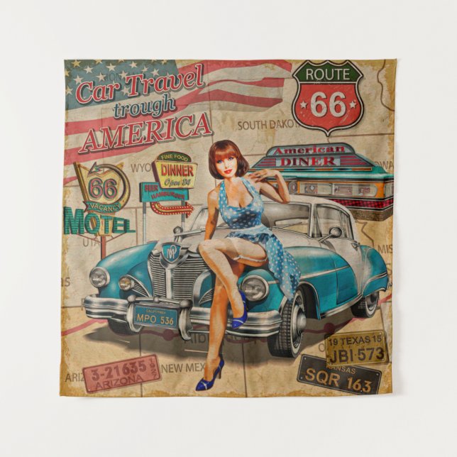 Denn Travel through America vintage poster. 66 Wandteppich (Vorderseite)