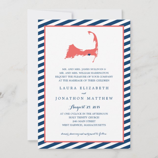 Dennisport Cape Cod Map and Stripes | Hochzeit Einladung (Vorderseite)