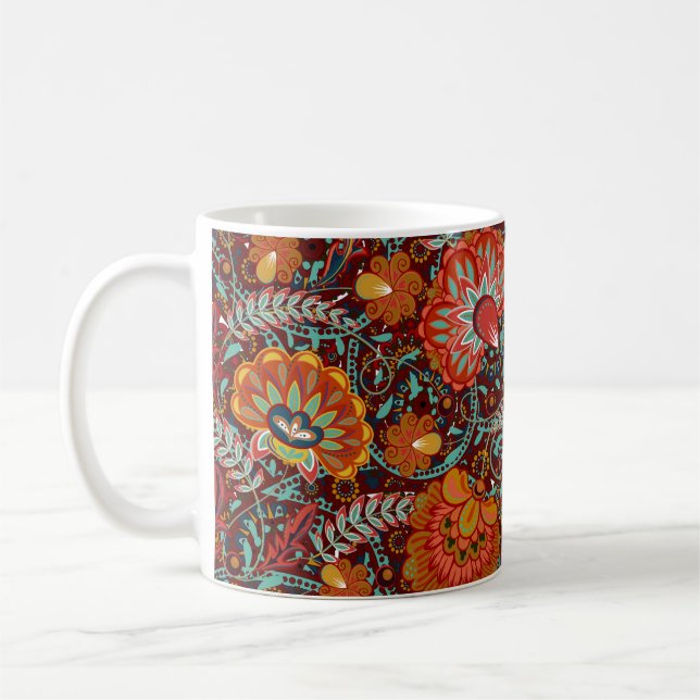 Dense blumengeschmückte Hand zeichnete Fantasy-Blu Kaffeetasse (Links)