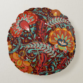 Dense blumengeschmückte Hand zeichnete Fantasy-Blu Rundes Kissen