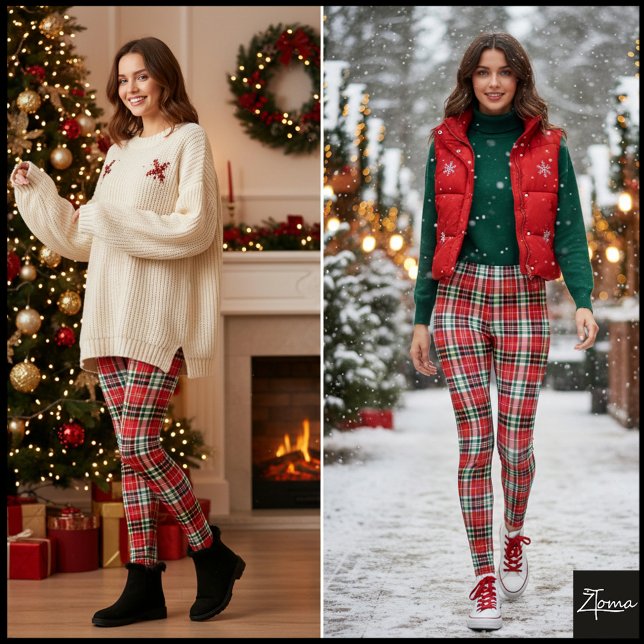 Dense Red Green Holiday Plaid Texture Leggings (Von Creator hochgeladen)
