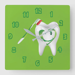 Dental Cartoon Tooth Toothbrush Green Quadratische Wanduhr