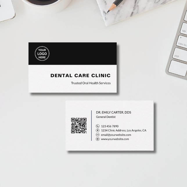 Dental Clinic Dentist Custom Logo QR Code Black Visitenkarte (Dental Clinic Dentist Custom Logo QR Code Black Business Card)