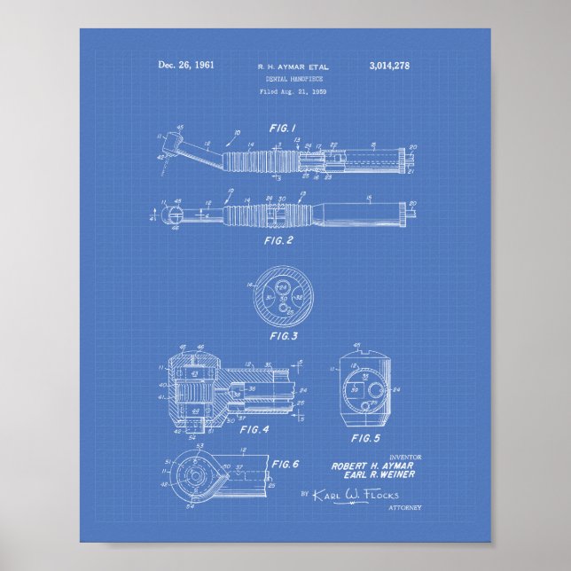 Dental Handpiece 1961 Patent Art Blueprint Poster (Vorne)