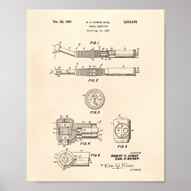 Dental Handpiece 1961 Patent Art Old Peper Poster (Vorne)