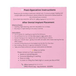  Dental Post Op Instructions Notepad (Implant) Notizblock