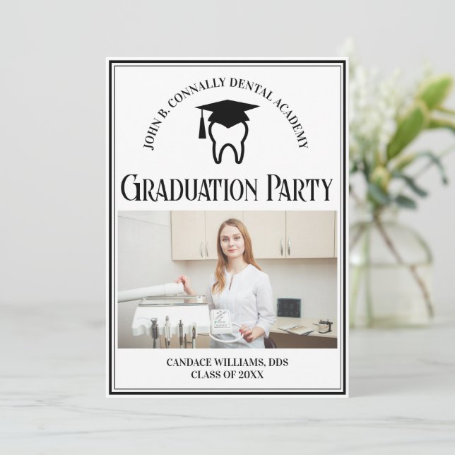 Dental School Foto Custom Graduation Party Einladung (Stehend Vorderseite)