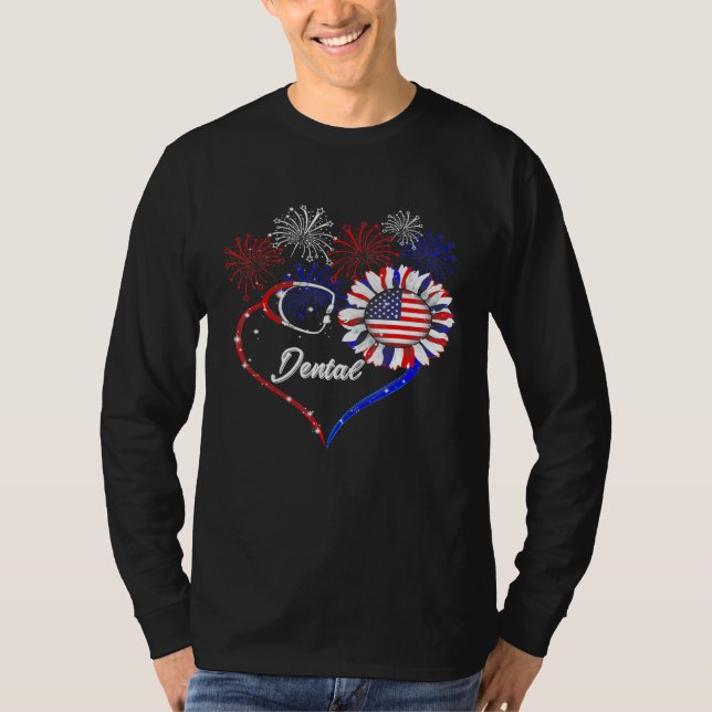 Dental Stethoscope Firework Sunflower America Flag T-Shirt (Vorderseite)