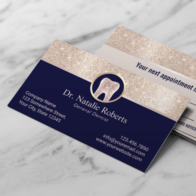 Dentist Chic Gold Border Tooth Logo Navy Dental Terminkarte (Von Creator hochgeladen)