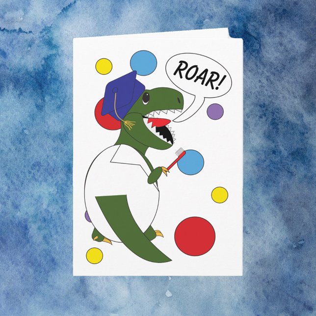 Dentist Dental School Abschluss Dinosaur Funny Karte (A funny graduation card with a dinosaur for a dental school graduate.)