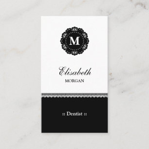 Dentist Elegant Black Lace Monogram Visitenkarte