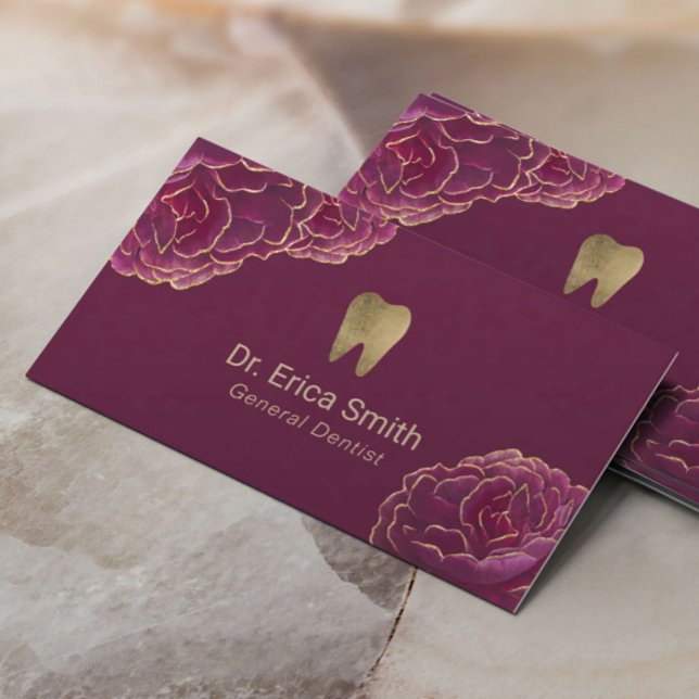 Dentist Gold-Tipped Burgundy Floral Dental Care Visitenkarte (Von Creator hochgeladen)