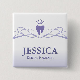 Dentist Name Tag Crown Tooth Lila Button