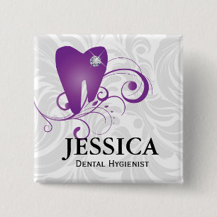 Dentist Name Tag Diamond Tooth Blätter Lila Button