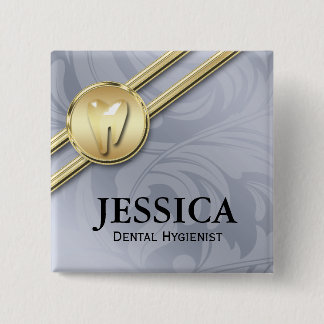 Dentist Name Tag Gold Tooth Blätter Grau Button