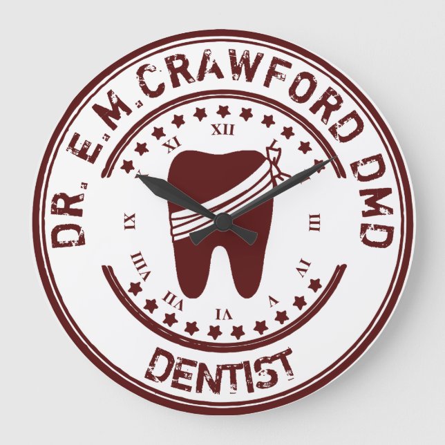 Dentist Rubber Stamp With Tooth und Your Name Große Wanduhr (Vorderseite)