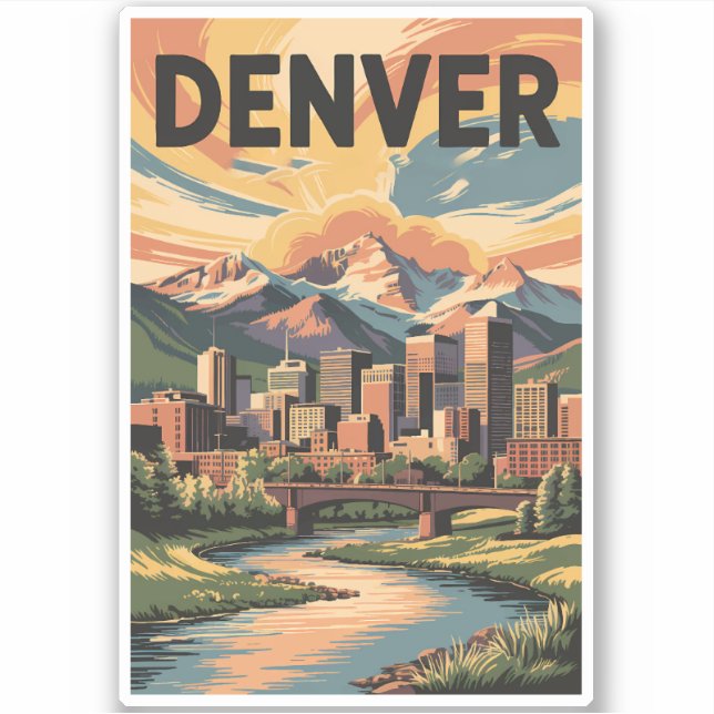Denver Colorado Illustration Sunset Travel Art Aufkleber (Vorderseite)