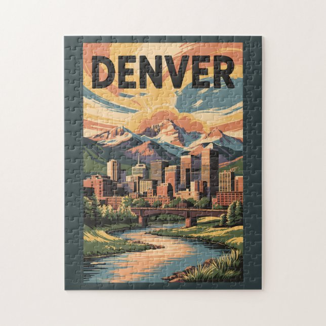 Denver Colorado Illustration Sunset Travel Art Puzzle (Vertikal)