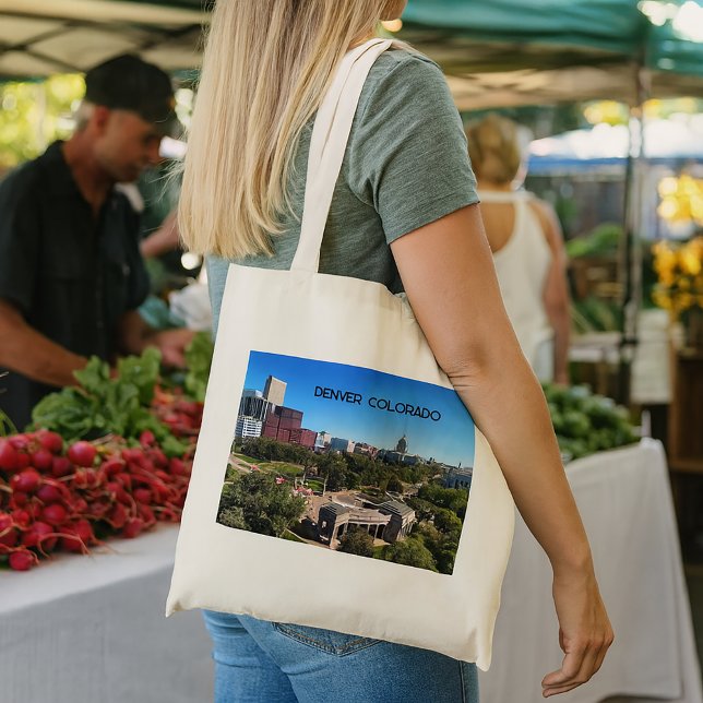 Denver Colorado Landscape Photo Personalize Tragetasche (A tote bag with a photo of downtown Denver, Colorado with text you can personalize.)