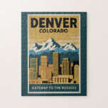 Denver Colorado Skyline Reisen Vintag Puzzle<br><div class="desc">Denver Retro Vektor Reise Design. Denver,  die Hauptstadt von Colorado,  ist eine amerikanische Metropole,  die zur Ära des Alten Westens verabredet ist. Der Larimer Platz,  das älteste Gebäude der Stadt,  beherbergt die Gebäude der Sehenswürdigkeit aus dem 19. Jahrhundert.</div>