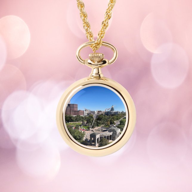 Denver Colorado Urban Landscape Photo Armbanduhr (A watch necklace with a photo of downtown Denver, Colorado on a sunny day.)