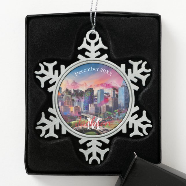 Denver Skyline Snowflake Pewter Weihnachtsschmuck Schneeflocken Zinn-Ornament (Box)