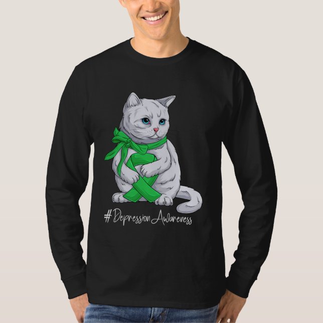 Depression Awareness Month Green Ribbon Cat T-Shirt (Vorderseite)