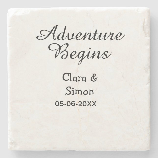 Der Abenteuer beginnt Hochzeitspaar Name Datum ein Steinuntersetzer (Vorderseite)
