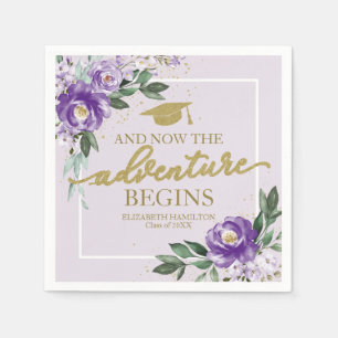 Der Abenteuer beginnt Lila Blumen-Abschlussfeier Serviette