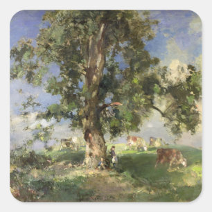 Der alte Aschen-Baum (Öl auf Leinwand) Quadratischer Aufkleber