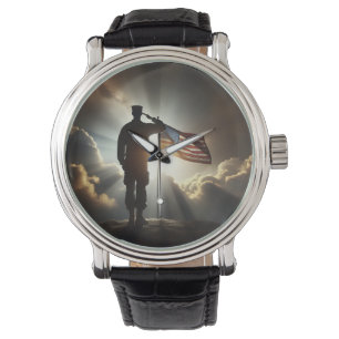 Der amerikanische Soldat Saluting der Fahne der Ve Armbanduhr