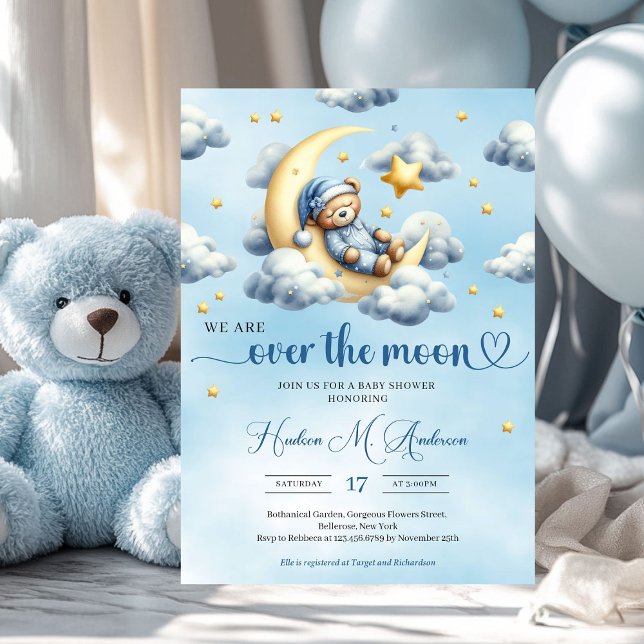 Der angesagte Bär, der über dem Goldmond schläft Einladung (we are over the moon - boy baby shower invitation with teddy bear)