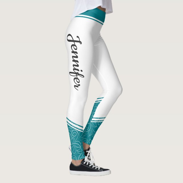 Der aquamarine, weiße, blumenweiße Name des Design Leggings (Rechts)