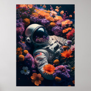 Der Astronaut liegt in bunten Blume Poster