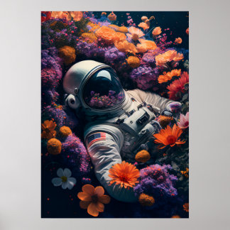 Der Astronaut liegt in bunten Blume Poster
