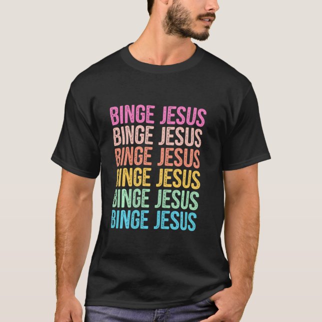 Der ausgewählte Merch Binge Jesus Retro-Regenbogen T-Shirt (Vorderseite)