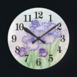 Der Autumn Circus und Art Deco Iris' Runde Wanduhr<br><div class="desc">Original zeichn dieser schönen Iris' wird in Aquarellstift und Acrylfarbe von Linda Ginn gemacht.</div>