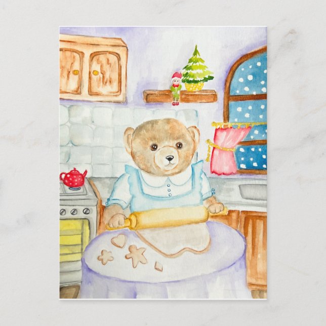 Der Bär backt Lebkuchen Feiertagspostkarte (Vorderseite)
