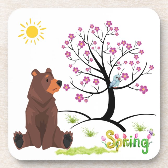 Der Bär beobachtet den blühenden Baum und den blüh Getränkeuntersetzer (Vorderseite)