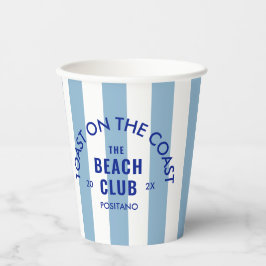 Der Beach Club Toast auf dem blauen Streifen der K Pappbecher
