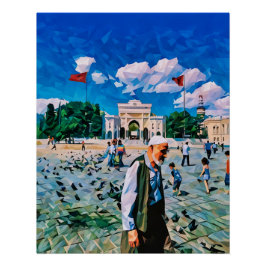 Der belebte Stadtplatz mit Menschen und Flaggen Poster