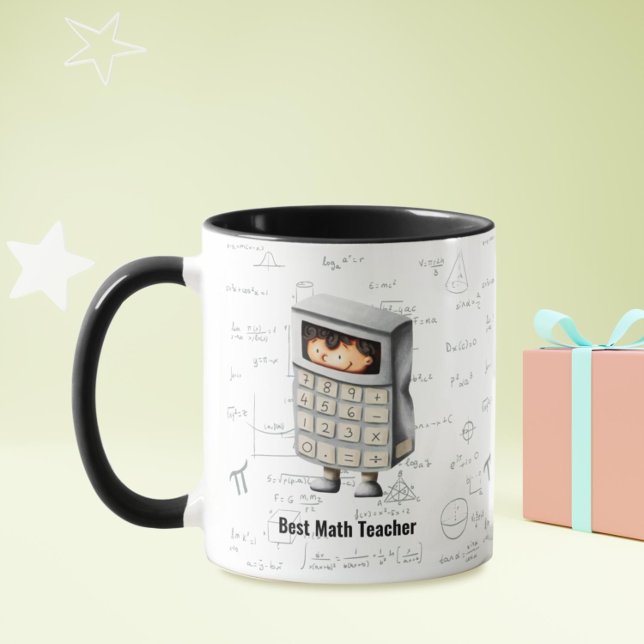 Der beste Mathematiklehrer formas Equations Cartoo Tasse (Best math teacher mug with a formula background pattern and a person in calculator costume)
