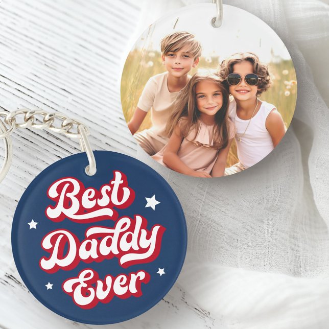 Der beste Papa je Vater Foto rot Schlüsselanhänger (Best daddy ever dad father's day photo blue red keychain)