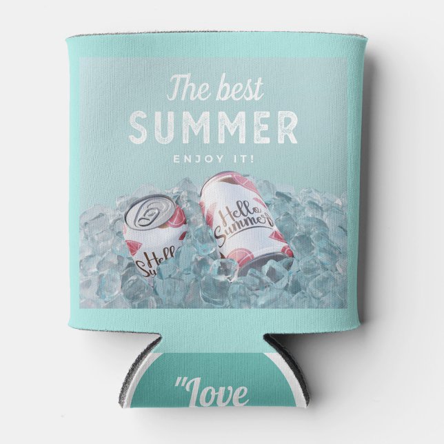 Der beste Sommer Dosenkühler (A can cooler with a light blue background, featuring the text "The best SUMMER" and "ENJOY IT!" )