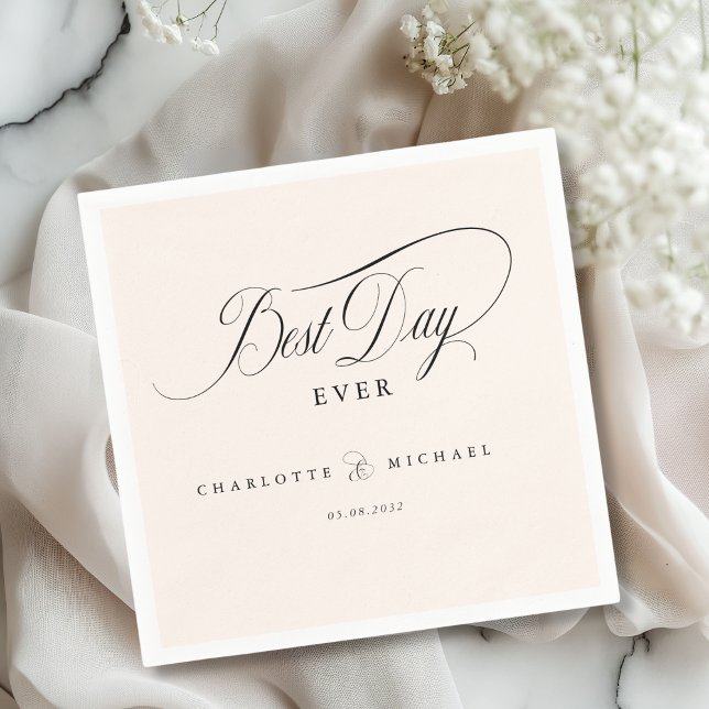DER BESTE TAG JE! Elegant, Hochzeit Serviette (BEST DAY EVER! Elegant, modern, minimal beige Wedding Napkins with your name and date)
